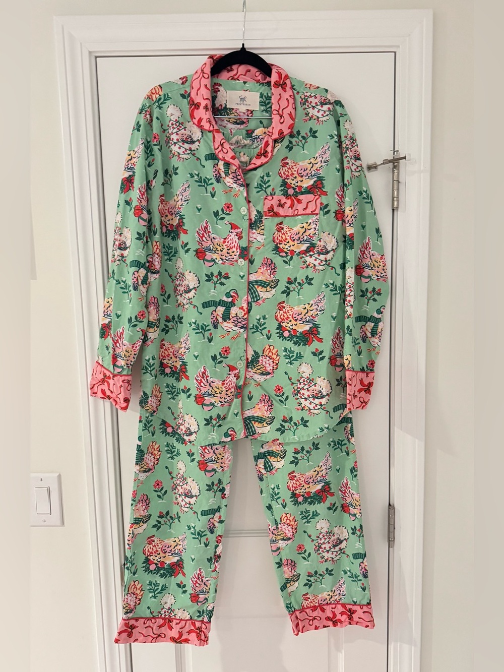 Printfresh Holiday Hens Long Cotton PJ Set, Size Small Tall